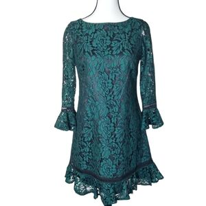 Eliza J Bell Sleeve Ruffle floral lace lines green dress